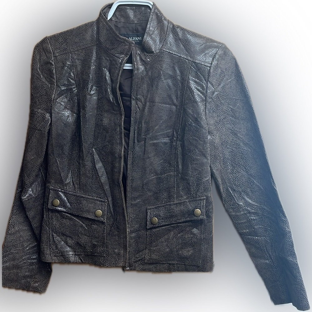ALFANI Genuine Leather Jacket Snakeskin Animal Print Coat Moto Chic Crop Petite